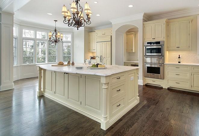 close-up view of textured laminate flooring planks in Hungry Horse